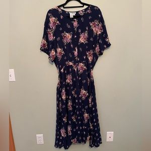 Navy floral maxi dress, button front, modest, elastic waist,